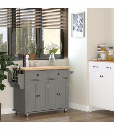 Rolling Kitchen Island Cart  Rubber Wood Top, Spices, and Towel Rack