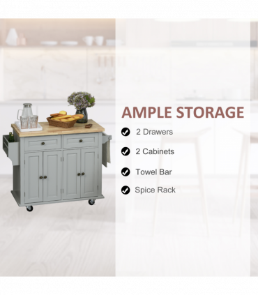 Rolling Kitchen Island Cart  Rubber Wood Top, Spices, and Towel Rack