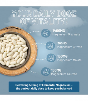 Magnesium Glycinate Complex 4 in 1 - 2000mg per serving | Precise 400mg Elemental Magnesium dose