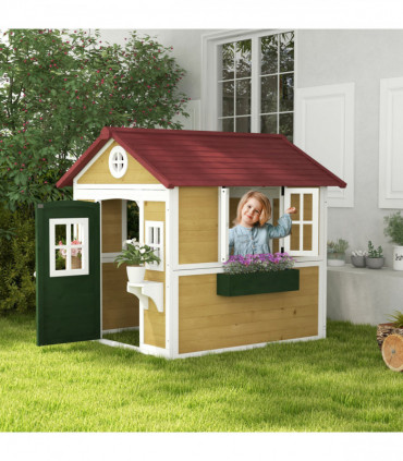 Outsunny Wooden Playhouse with Doors, Wooden, Plant Pots for Kids - Beige