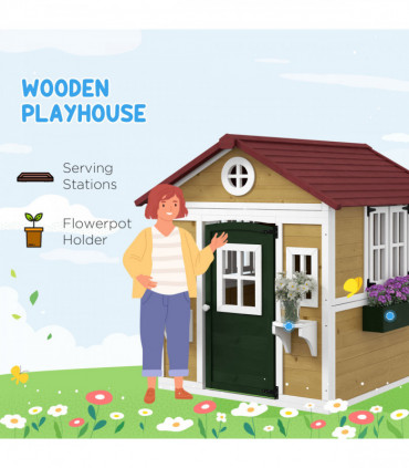 Outsunny Wooden Playhouse with Doors, Wooden, Plant Pots for Kids - Beige