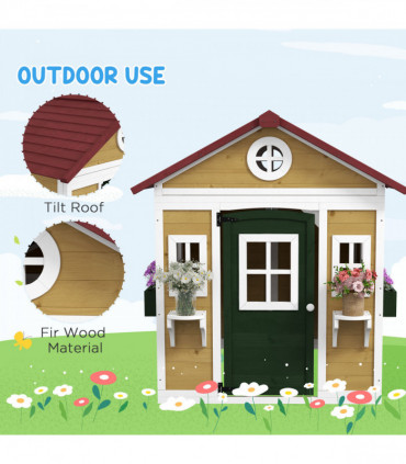 Outsunny Wooden Playhouse with Doors, Wooden, Plant Pots for Kids - Beige