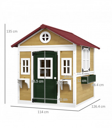 Outsunny Wooden Playhouse with Doors, Wooden, Plant Pots for Kids - Beige