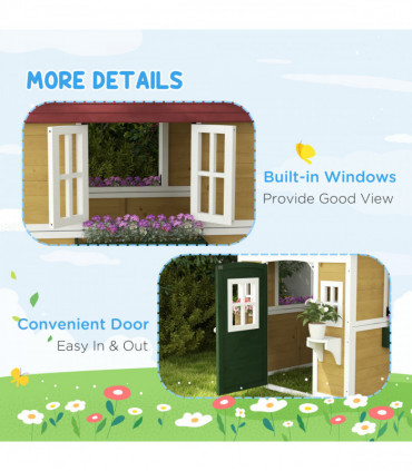 Outsunny Wooden Playhouse with Doors, Wooden, Plant Pots for Kids - Beige
