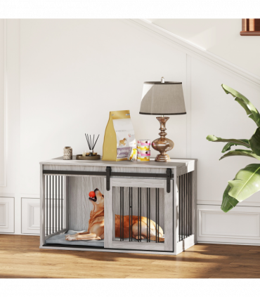 PawHut Dog Crate Furniture with Removable Cushion for Large Dogs - Grey