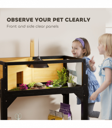 PawHut Wooden Tortoise House with Storage Shelf, Clear Observation Windows