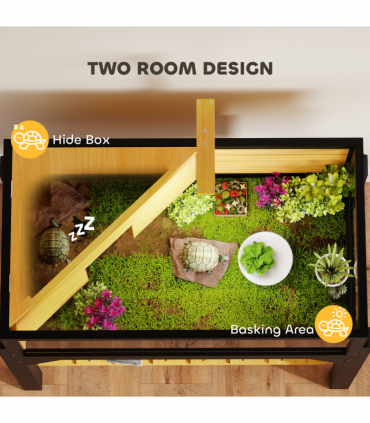 PawHut Wooden Tortoise House with Storage Shelf, Clear Observation Windows