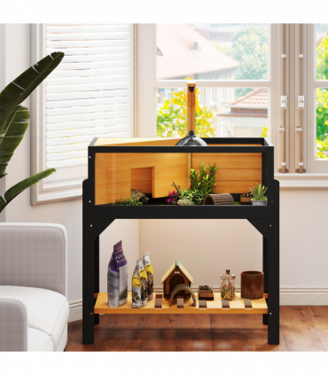 PawHut Wooden Tortoise House with Storage Shelf, Clear Observation Windows