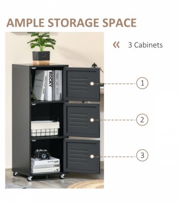 Rolling Storage Cabinet 3-Tier Mobile File Cabinet with Wheels Black