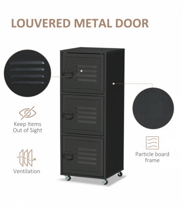 Rolling Storage Cabinet 3-Tier Mobile File Cabinet with Wheels Black