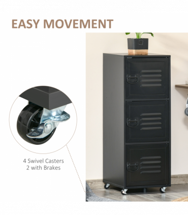 Rolling Storage Cabinet 3-Tier Mobile File Cabinet with Wheels Black