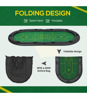 SPORTNOW Foldable Poker Mat, 10-Player Table Top with Cup Holders, Carry Bag