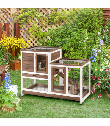 Wooden Rabbit Hutch Bunny Guinea Pigs House Cage Wheels Indoor 110 x 50 x 86cm