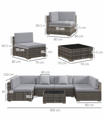 Outsunny 7PC Rattan Garden Furniture Set Coffee Table Buckle Structure, Grey