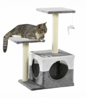PawHut Cat Tree w/ Sisal Scratching Posts, House, Perches, Toy Mouse - Grey