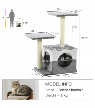 PawHut Cat Tree w/ Sisal Scratching Posts, House, Perches, Toy Mouse - Grey