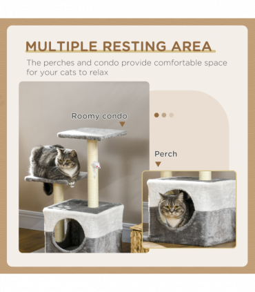 PawHut Cat Tree w/ Sisal Scratching Posts, House, Perches, Toy Mouse - Grey