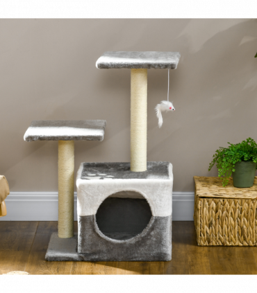 PawHut Cat Tree w/ Sisal Scratching Posts, House, Perches, Toy Mouse - Grey
