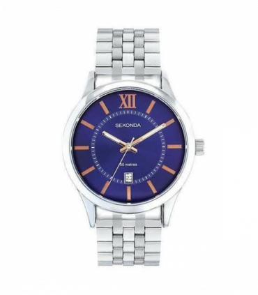 Sekonda Mens Dated Round Blue Dial Stainless Steel Bracelet Watch 1197