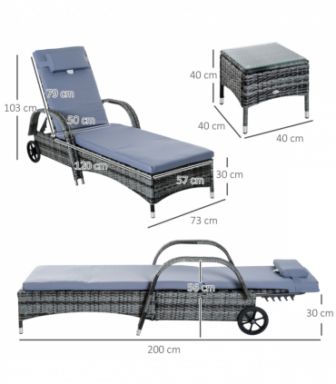 Garden Furniture Set Grey Rattan Lounger Recliner Bed w/ Side Table
