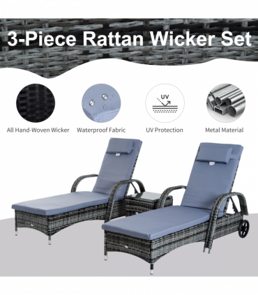 Garden Furniture Set Grey Rattan Lounger Recliner Bed w/ Side Table