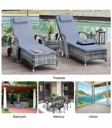 Garden Furniture Set Grey Rattan Lounger Recliner Bed w/ Side Table