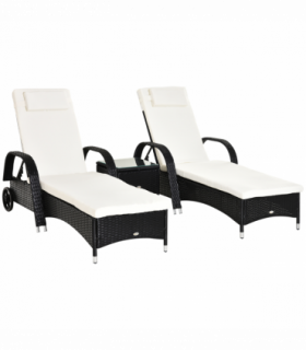 3 PCS Rattan Lounger Recliner Bed Garden Furniture Set w/ Side Table