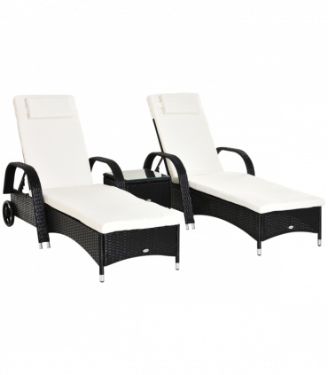 3 PCS Rattan Lounger Recliner Bed Garden Furniture Set w/ Side Table