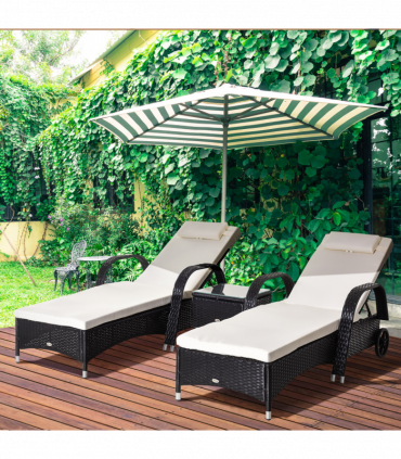 3 PCS Rattan Lounger Recliner Bed Garden Furniture Set w/ Side Table