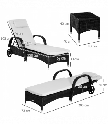 3 PCS Rattan Lounger Recliner Bed Garden Furniture Set w/ Side Table