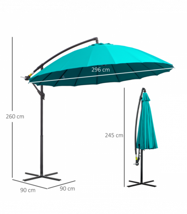 3(m) Cantilever Shanghai Parasol Crank Handle, Cross Base, Turquoise Outsunny