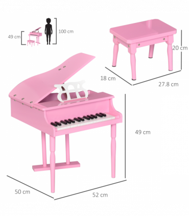 CHILD-SIZE PIANO: 30 Keys Mini Kids Piano with Music Stand and Bench - Pink