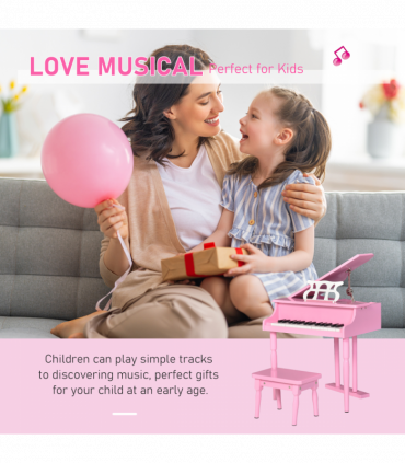 CHILD-SIZE PIANO: 30 Keys Mini Kids Piano with Music Stand and Bench - Pink