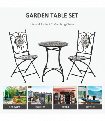 3Pc Mosaic Tile Garden Bistro Set Folding Chairs