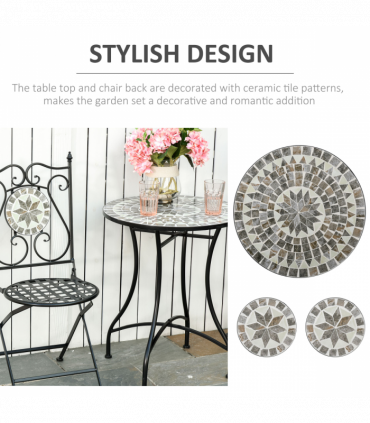 3Pc Mosaic Tile Garden Bistro Set Folding Chairs