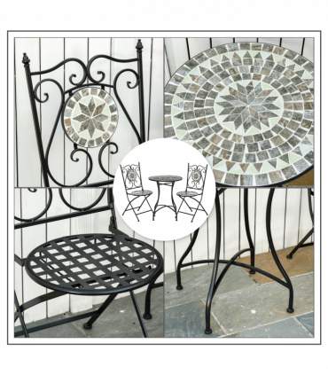 3Pc Mosaic Tile Garden Bistro Set Folding Chairs
