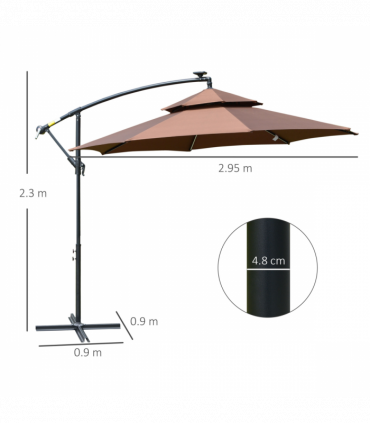 3m Cantilever Banana Parasol Double Roof, LED Solar lights, Crank,