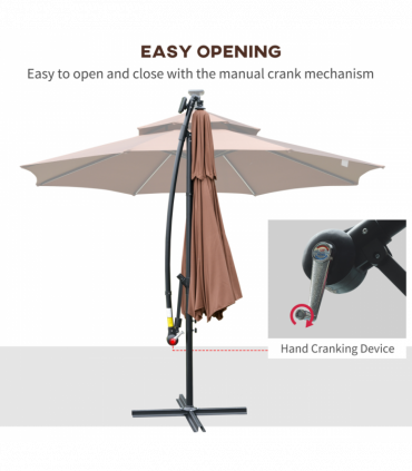 3m Cantilever Banana Parasol Double Roof, LED Solar lights, Crank,