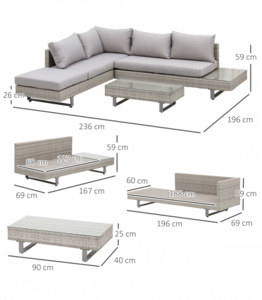 Rattan Wicker Metal Polyester Grey 196cmx69cmx59cm 3pc Sofa Set Lounge Furniture