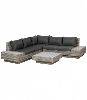 5-Seater Rattan Sectional Corner Sofa Table Set Cushions - Light Grey