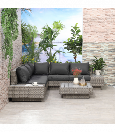 5-Seater Rattan Sectional Corner Sofa Table Set Cushions - Light Grey