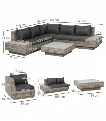 5-Seater Rattan Sectional Corner Sofa Table Set Cushions - Light Grey