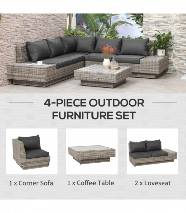 5-Seater Rattan Sectional Corner Sofa Table Set Cushions - Light Grey