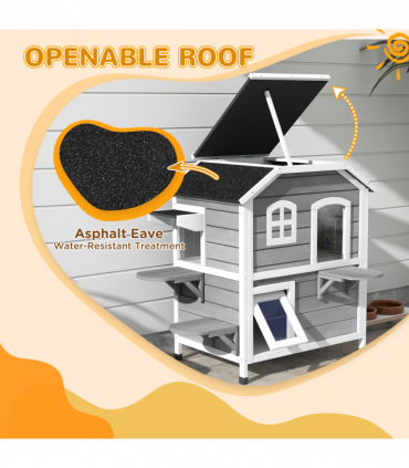 Cat Condo w/ Tons of Room & Openable Roof, Fir Wood, Outdoor/Indoor Catio Grey