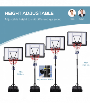 HOMCOM 1.55-2.1m Basketball Hoop and Stand w/ Fillable Base, Wheels, Black