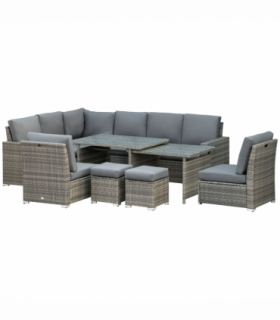 Outsunny 10-Seater Sofa Sectional W/ Cushioned Seat, Footstools and Glass Table