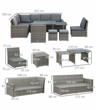 Outsunny 10-Seater Sofa Sectional W/ Cushioned Seat, Footstools and Glass Table