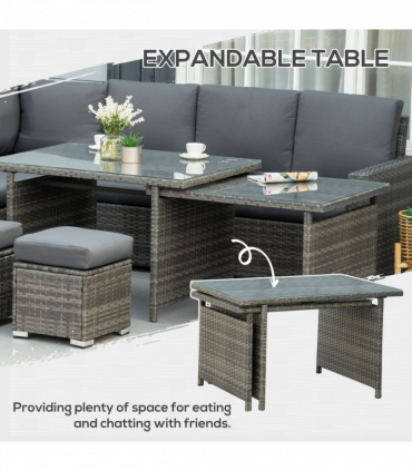 Outsunny 10-Seater Sofa Sectional W/ Cushioned Seat, Footstools and Glass Table