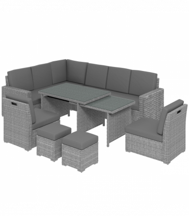 Outsunny 10-Seater Sofa Sectional w/ Cushioned Seat, Footstools and Glass Table
