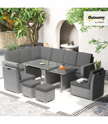 Outsunny 10-Seater Sofa Sectional w/ Cushioned Seat, Footstools and Glass Table